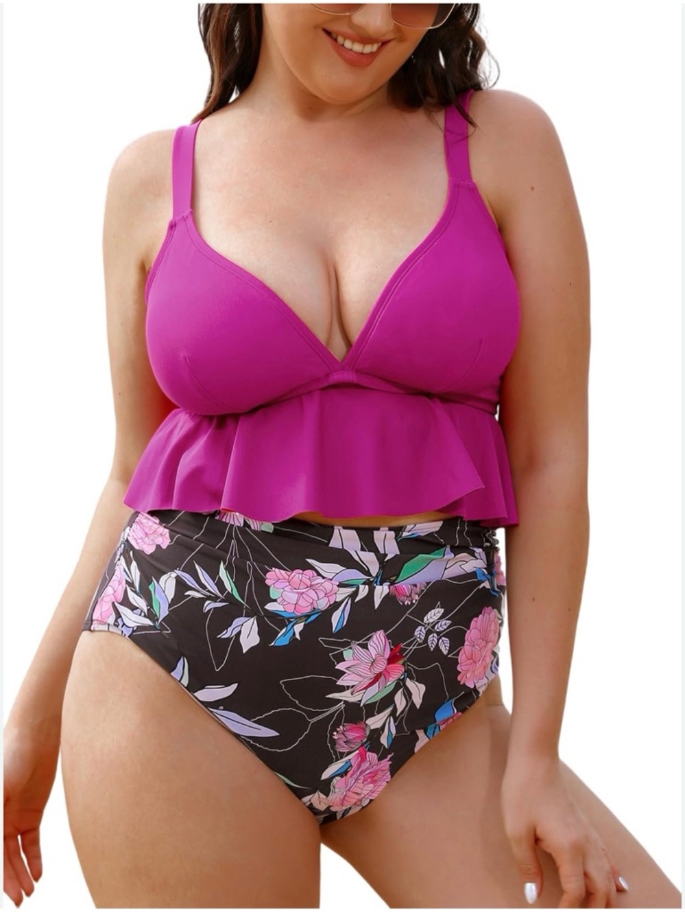 New Cupshe Magenta Ruffle Tankini Top with Floral High-Waist Bottoms